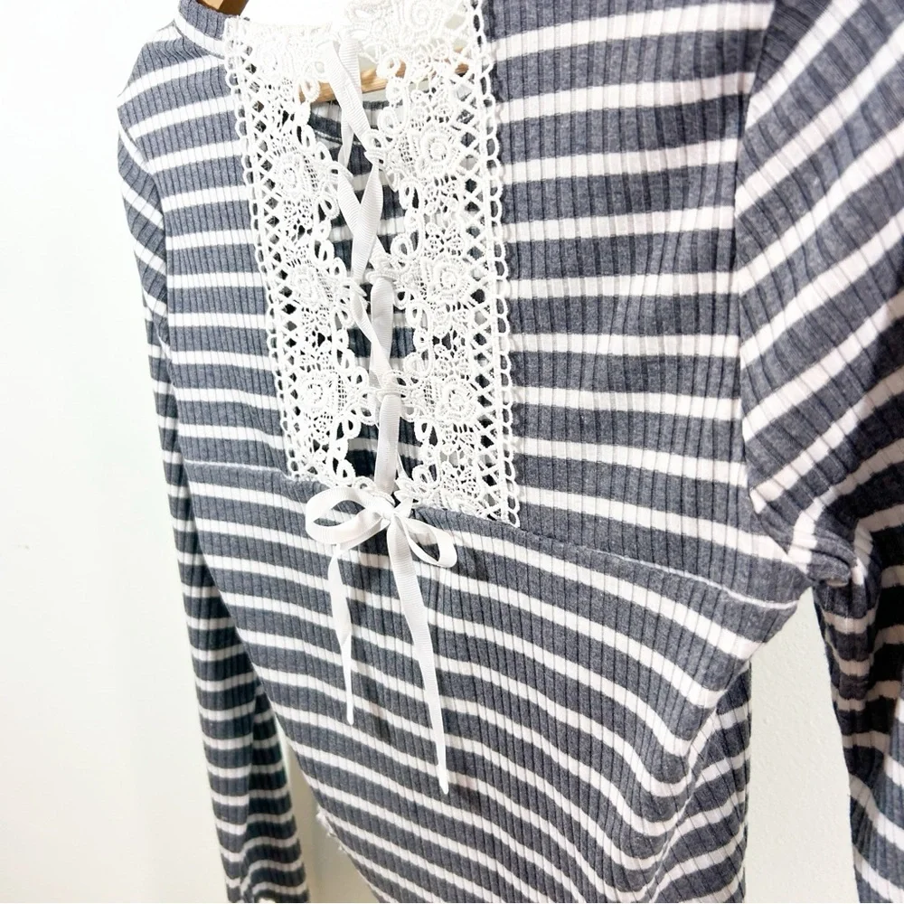 American Rag Cie Lace Up Tie Ribbed Blue White Stripe Long Sleeve Stretch Top L